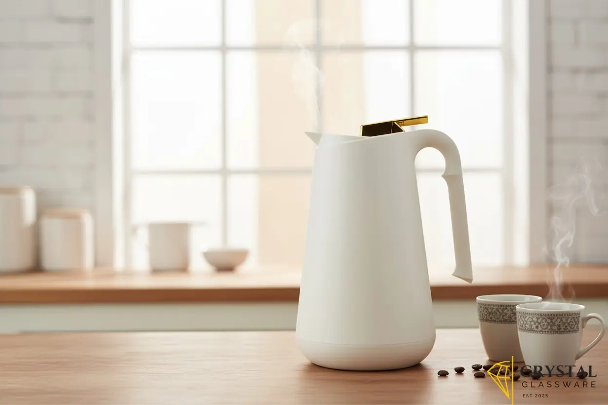 Cream-colored Lavidar vacuum flask with gold-accented lid and button